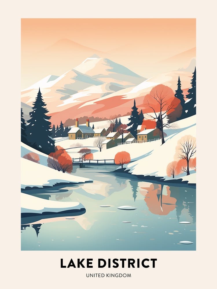 Vintage Winter Travel Poster Lake District United Kingdom 5