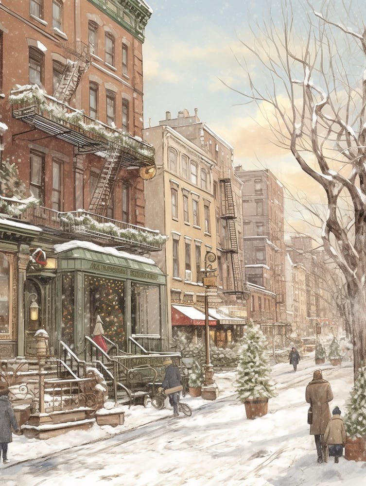 Vintage Winter Illustration New York City Usa 2