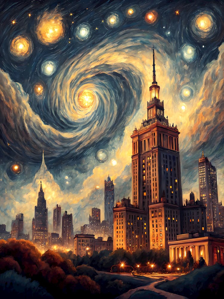 Starry Urban Skyline Oil Painting