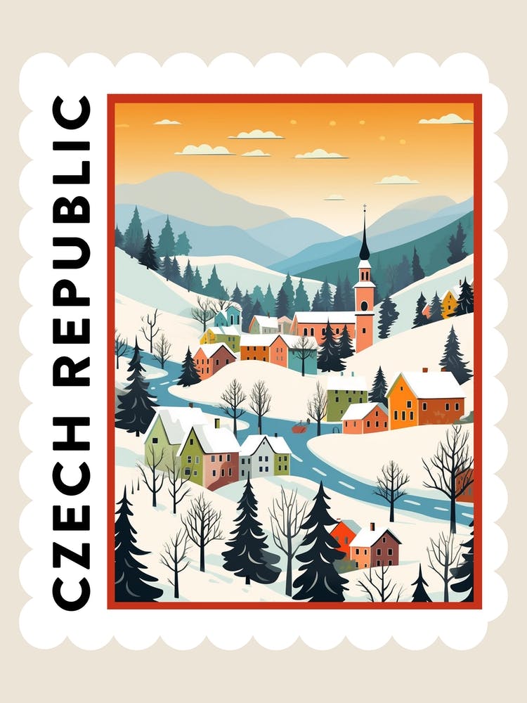Retro Winter Stamp Poster Cesky Krumloy Czech Republic 1