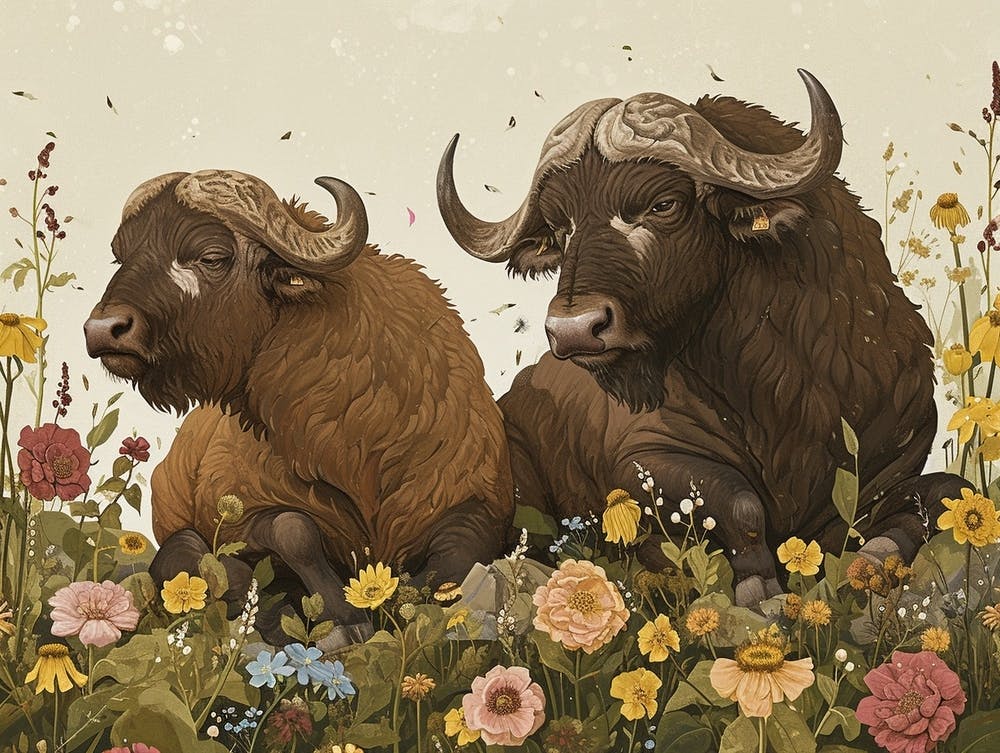 Floral Animal Illustration Buffalo 1