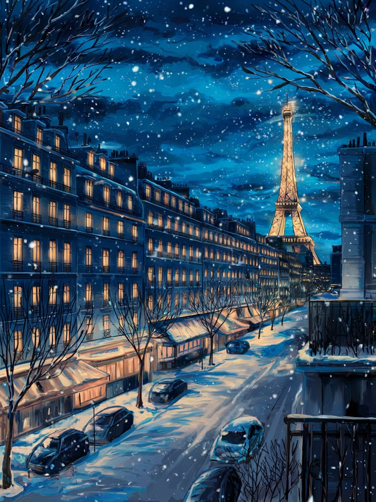 Anime Canvas Art: Snowy Paris Night with Glowing Eiffel Tower and Cozy Lit Windows, Perfect for Lofi Aesthetic and Winter Cityscape Lovers.