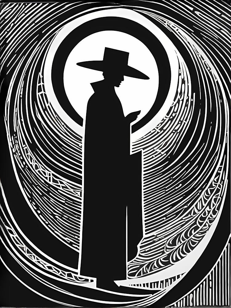 A Linocut illustration of A Mysterious figure. 120