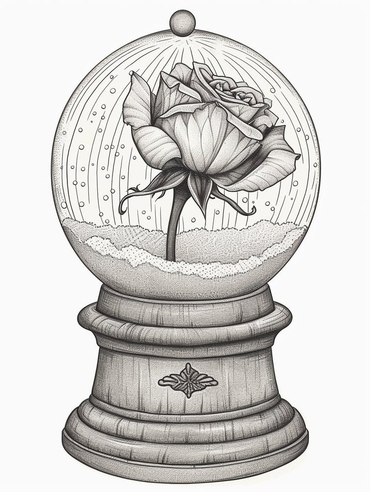 English Rose In A Globe Line Drawing 3