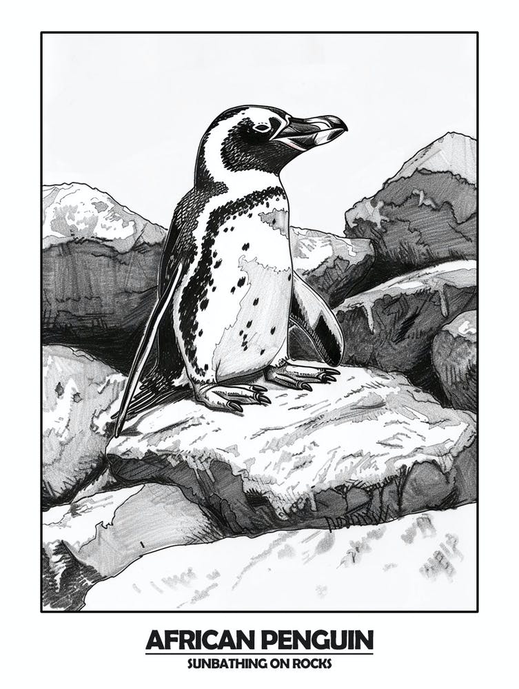 Penguin Sunbathing On Rocks Poster