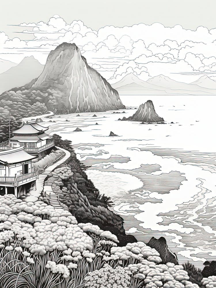 Aogashima Island In Tokyo, Ukiyo E Black And White Line Art Drawing 1