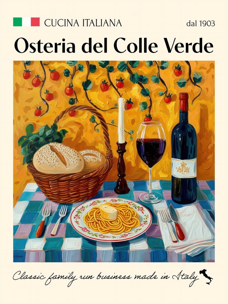 Osteria Del Colle Verde Trattoria Italian Poster Food Kitchen