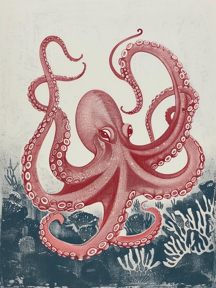 Red & Navy Blue Octopus In The Ocean Linocut Inspired 2