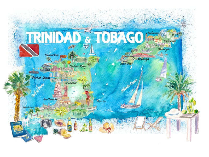 Trinidad Tobago West Indies Illustrierte Reisekarte Mit Straßen Und Highlights