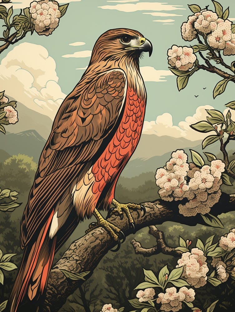 Vintage Bird Linocut Red Tailed Hawk 1