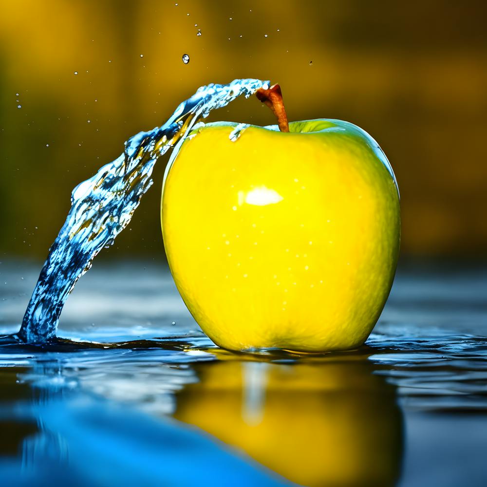 Yellow Apple With Calm Background And Image Of Water Hitting It (1)