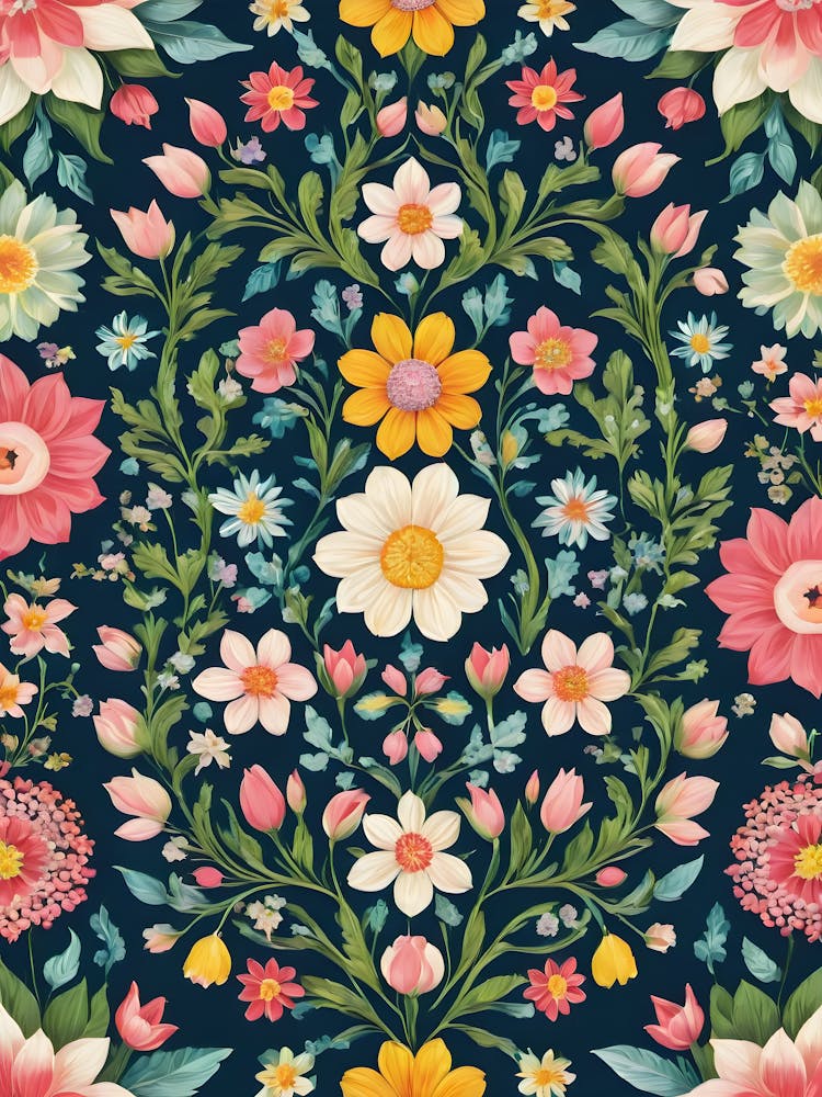 Painted Spring and Summer Flowers Boho Pattern - Navy Background Pink Yellow Turquoise Bohemian Wallpaper Art Like Amy Butler and William Morris Fabric Print For Lunar Pagan Gallery Feature Wall Floral Botanical Luna Lover HD