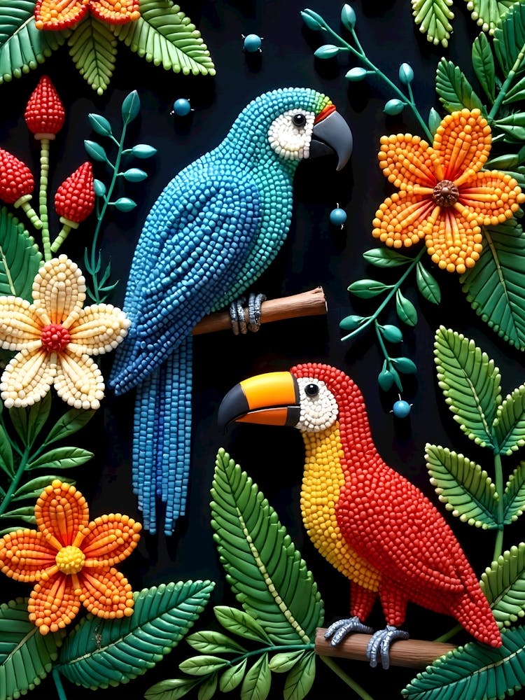 Parrot And Toucan In A Beaded Forest