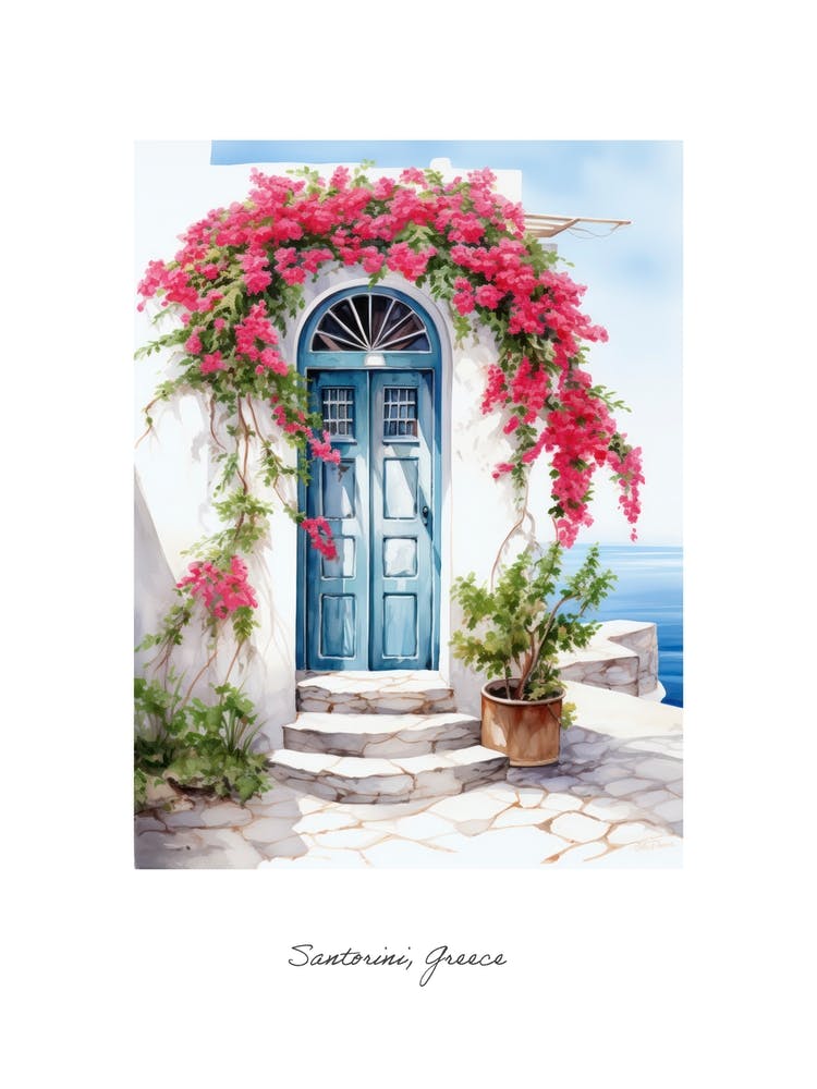 Santorini, Greece   Mediterranean Doors Watercolour Painting 3 Poster