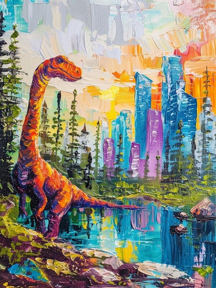 Colourful Dinosaur In A Woodland Painting