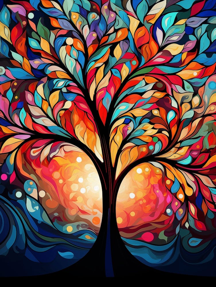 Vibrant Tree at Sunset II, Abstract Colorful Painting in Van Gogh Style