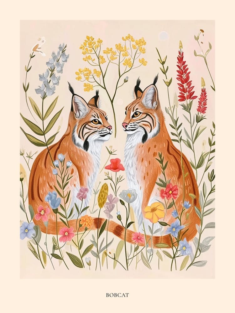 Folksy Floral Animal Drawing Bobcat Poster