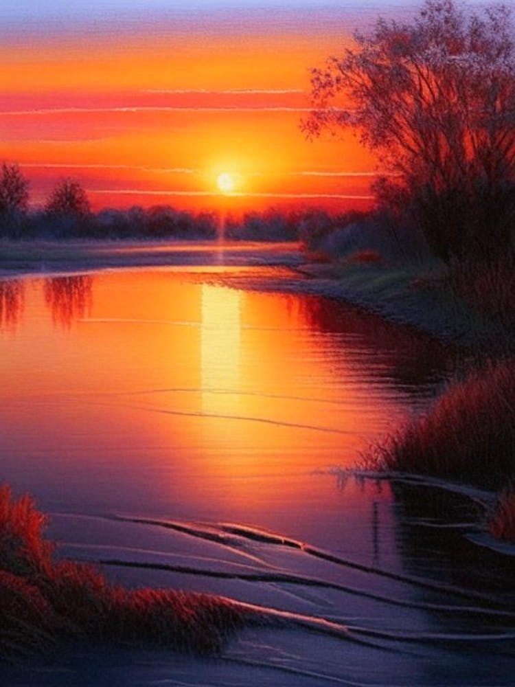 Sunrise Over River Waterscape Crayon 1
