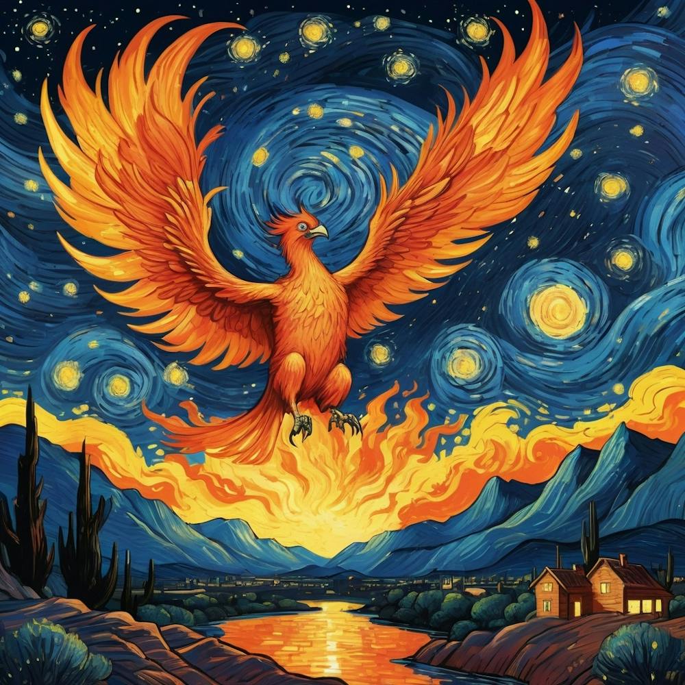 Phoenix Bird Fire Flying At Starry Night Van Gogh Painting