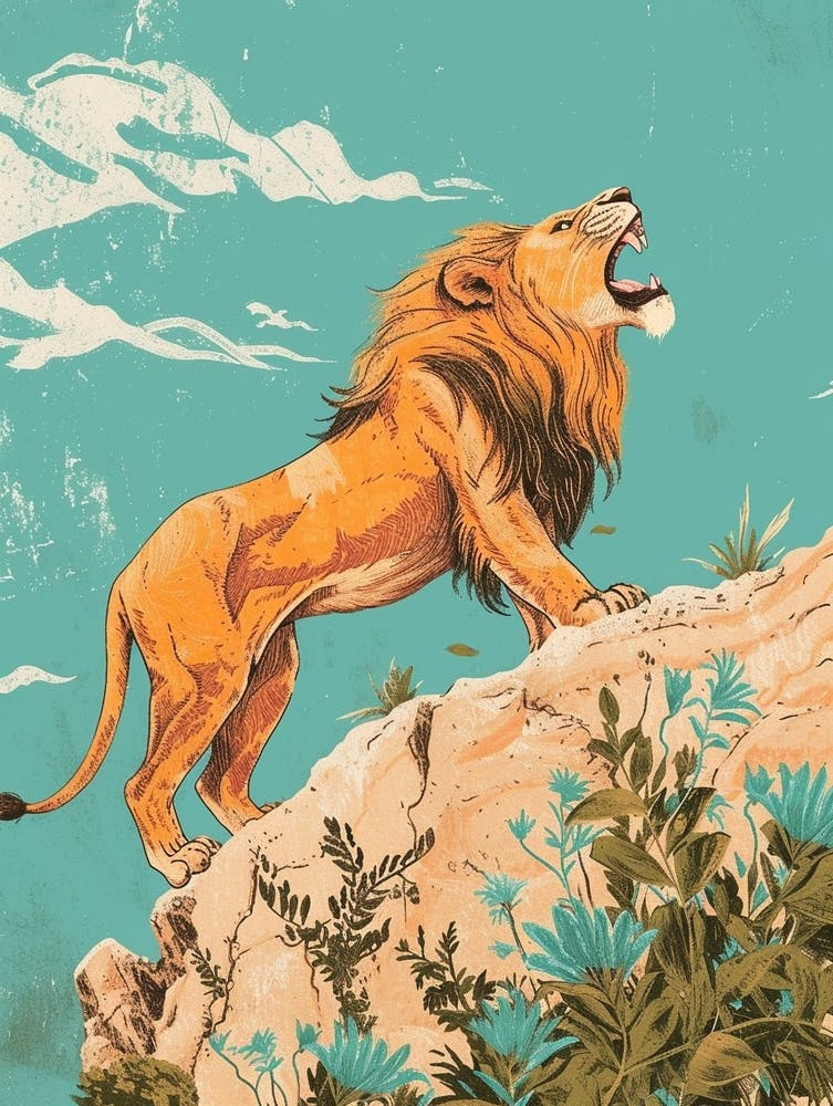 Barbary Lion Roaring On A Cliff Illustration 1