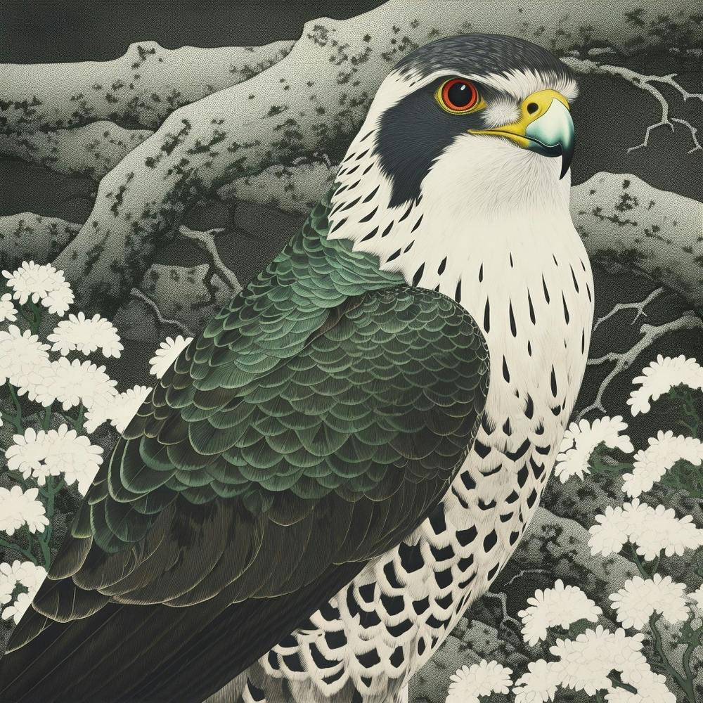 Ohara Koson Inspired Bird Painting Falcon 7 Square