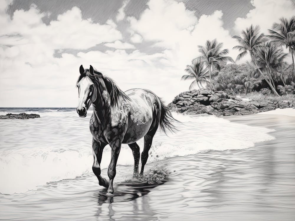 A Horse Oil Painting In Lanikai Beach Hawaii, Usa, Landscape 2