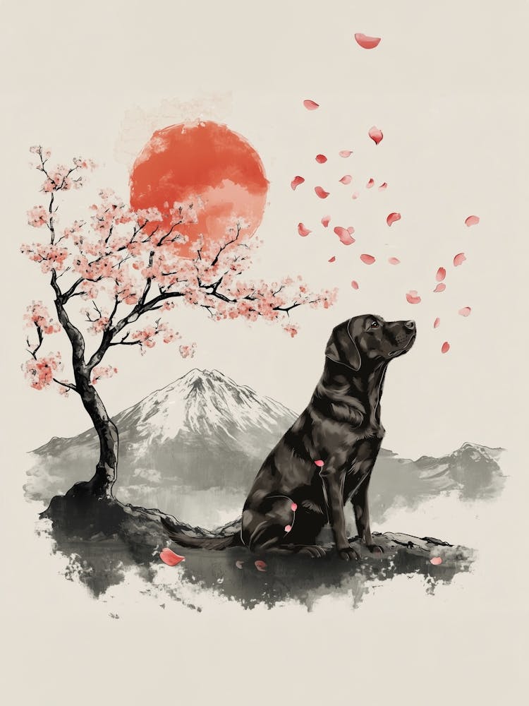 Black Lab Labrador Dog Japan Cherry Blossom