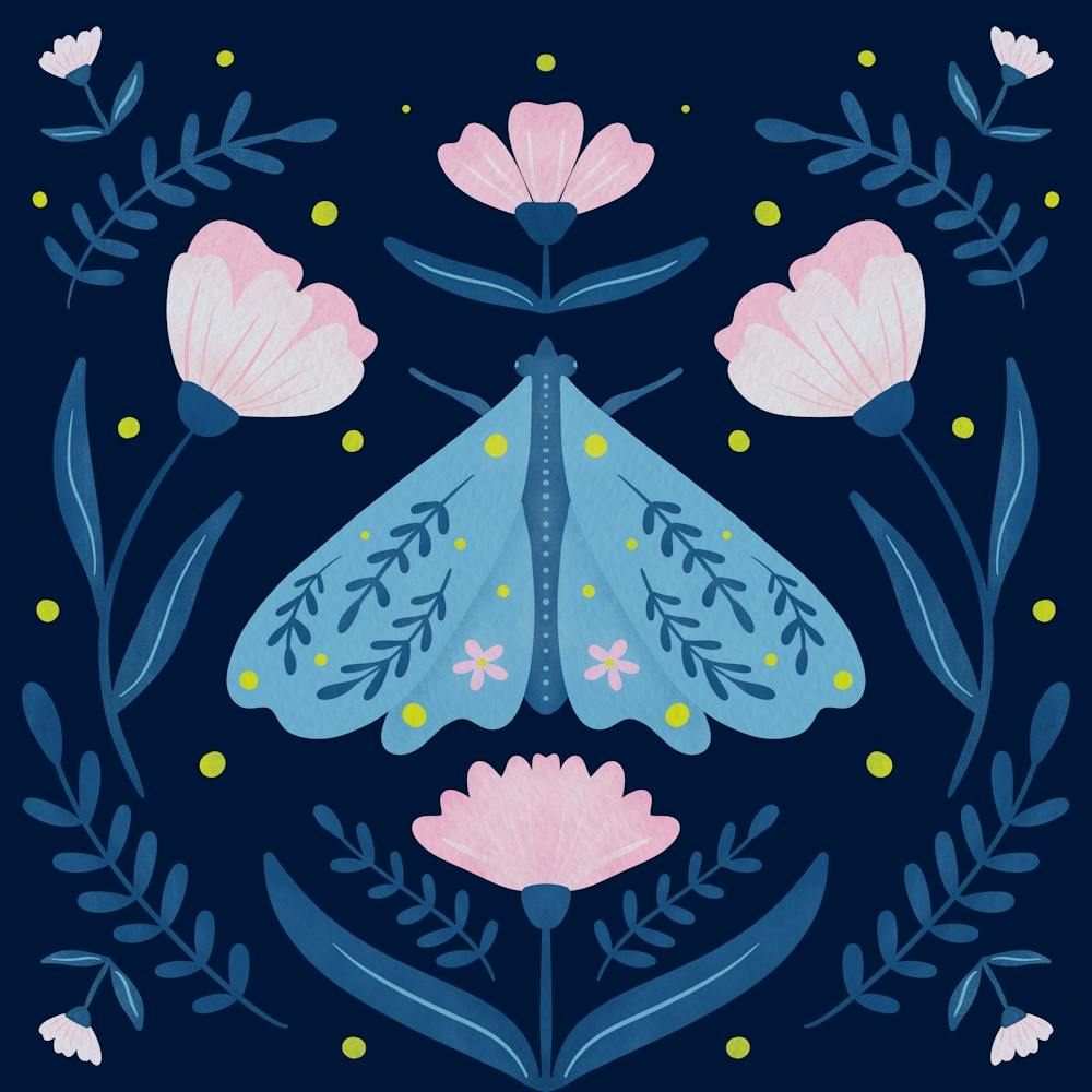 Moth and Flowers - blue and pink