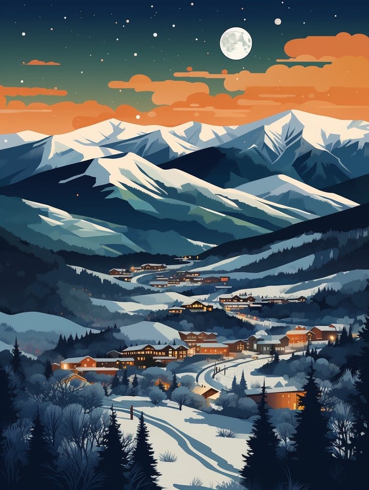 Winter Travel Night Illustration Aspen Colorado 2