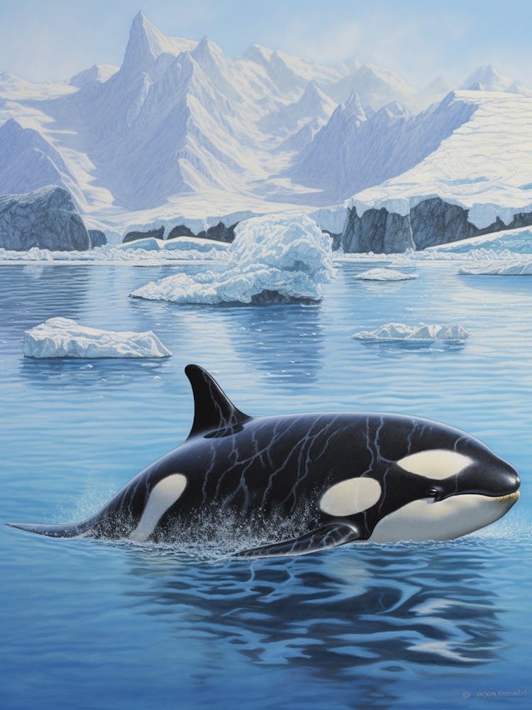Realistic Orca Whale Swimming With Icy Background
