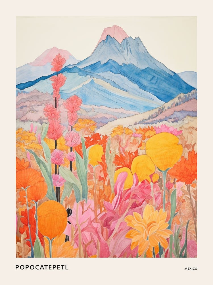 Popocatepetl Mexico 2 Colourful Mountain Illustration Poster