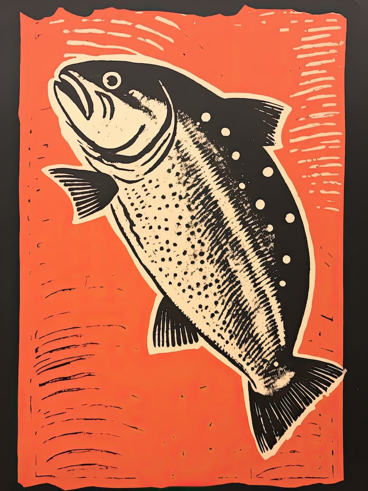 Salmon, Woodblock Animal  Drawing 4