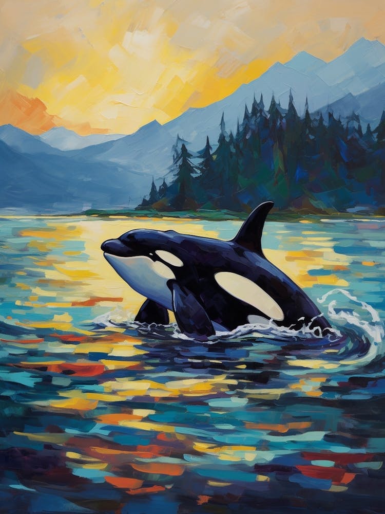 Blue & Orange Orca Whale Oil Painting Style