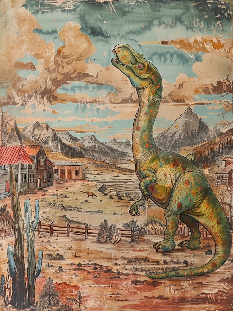 Dinosaur In A Western Town Painting
