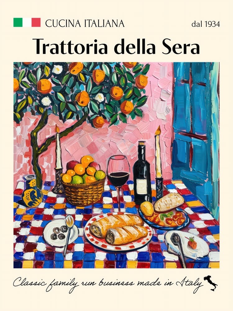 Trattoria Della Sera Trattoria Affiche Italienne Cuisine