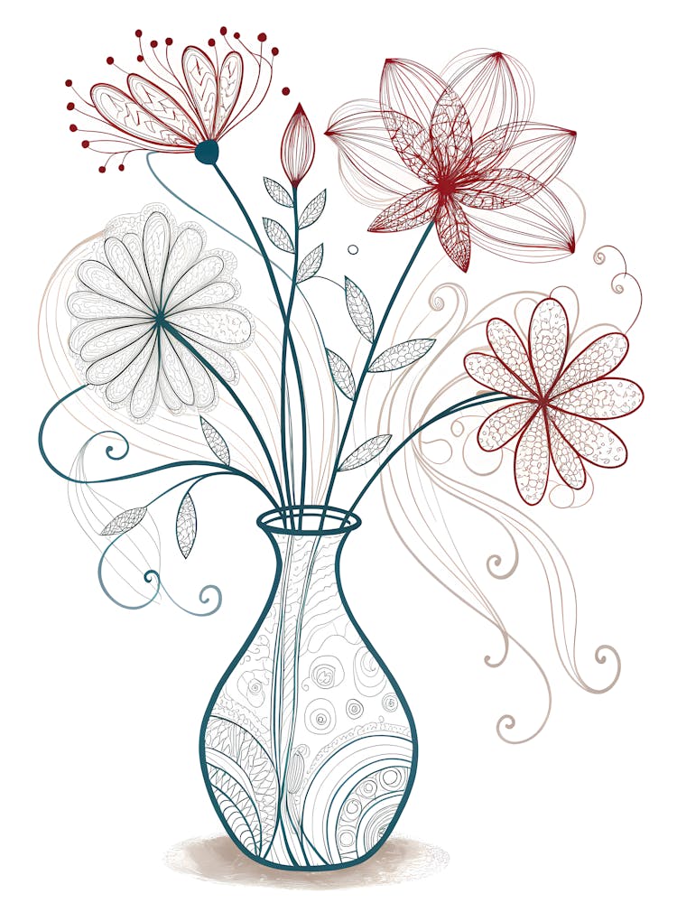 Abstract Floral Vase Decorative Line Art & Flowers