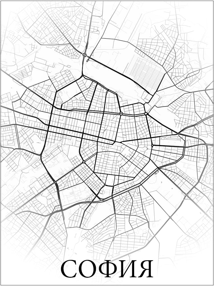 София, България (Sofia, Bulgaria), City Map, Black And White Fade Design 1