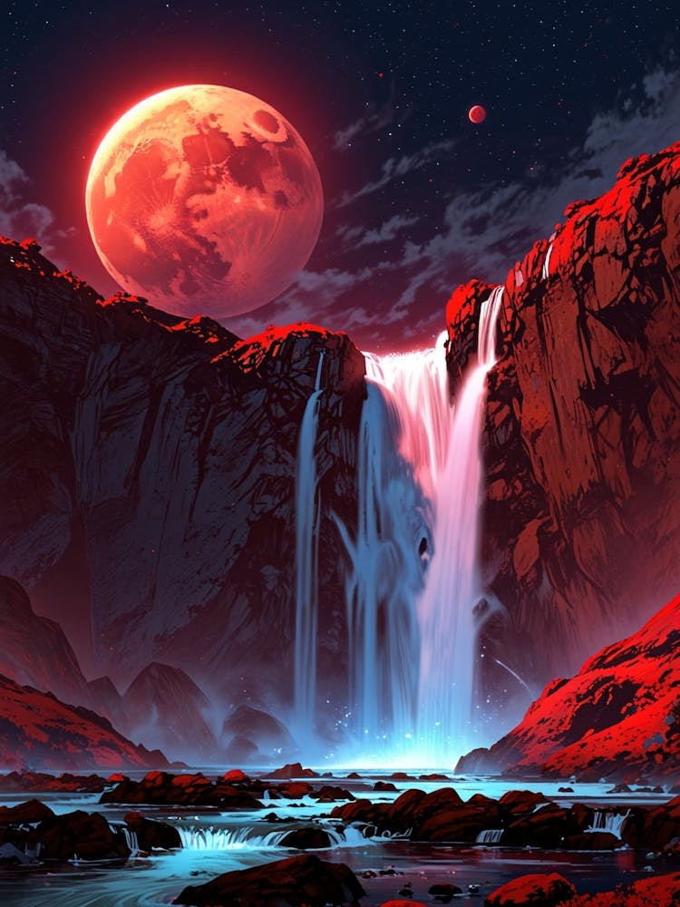Red Moon And Waterfall