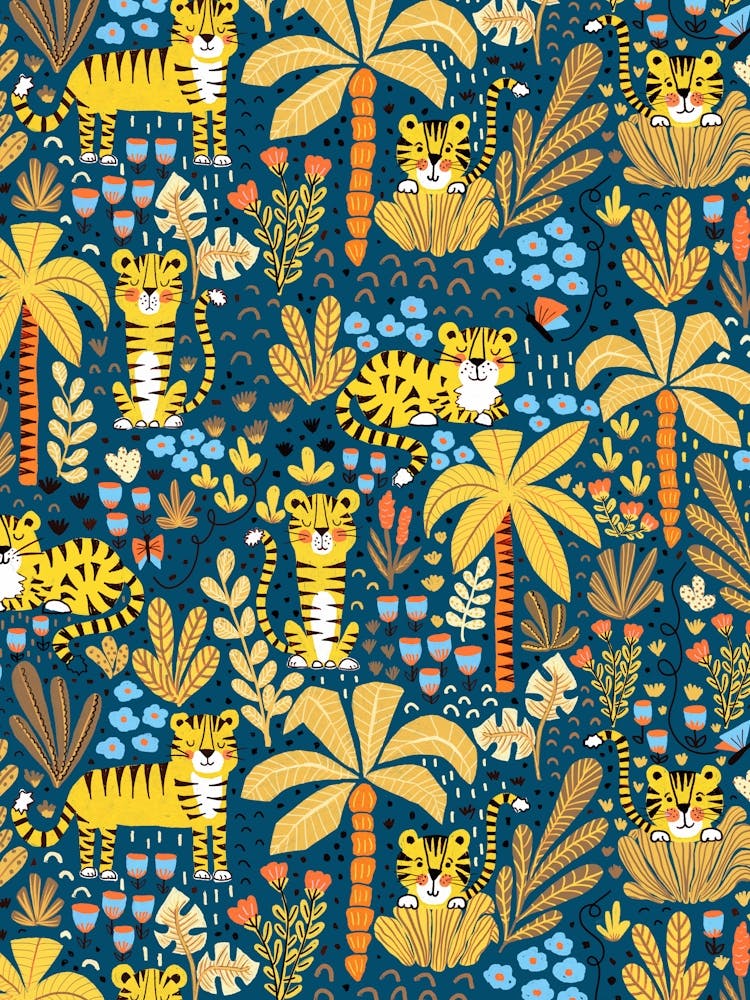 Happy Yellow Tigers in the Palm Tree Jungle on Blue Kids