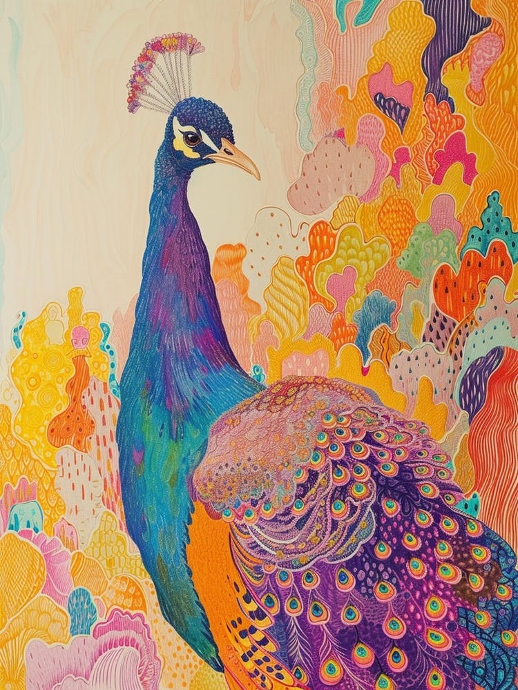 Peacock Wavy Pattern Pencil Crayon Portrait