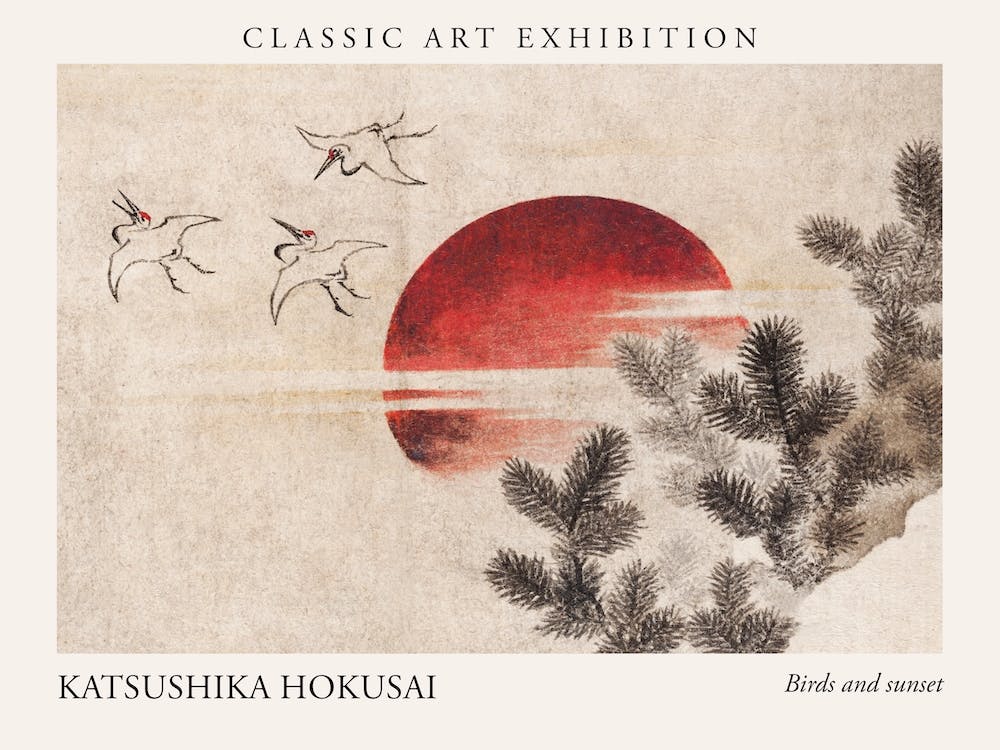 Birds And Sunset, Katsushika Hokusai Poster