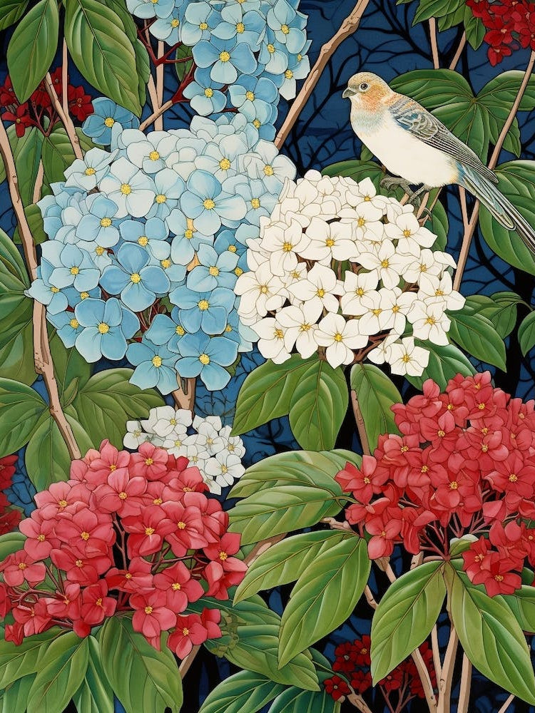 Hydrangea And Birds 2 Vintage Japanese Botanical