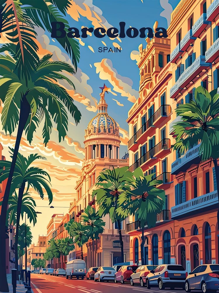 Barcelona Summer Sunset Travel Art