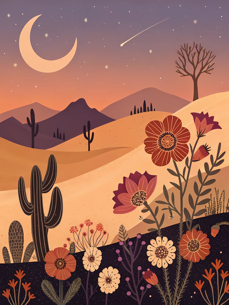 Desert Landscape With Flowers