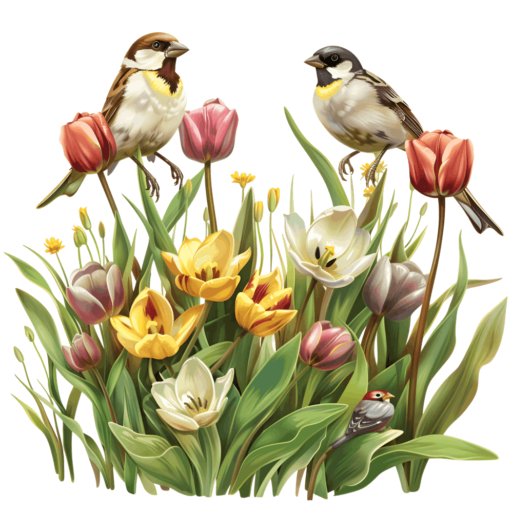 Spring Birds And Tulips