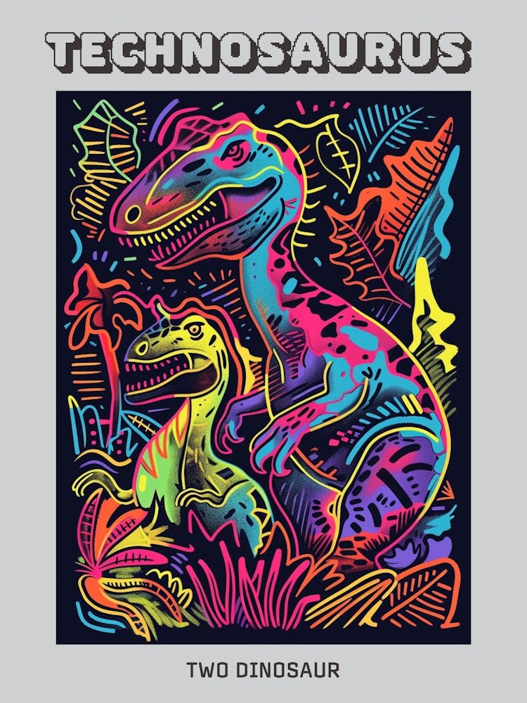 Two Neon Dinosaur Line Illustration Poster
