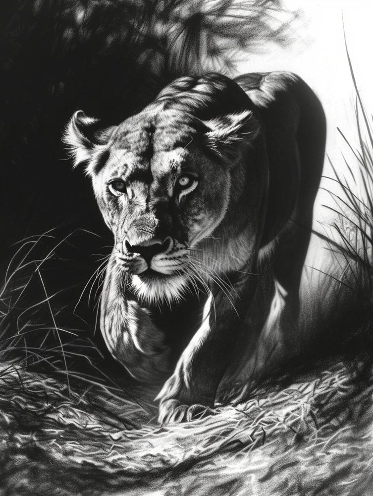 Barbary Lion Charcoal Drawing Lioness 2