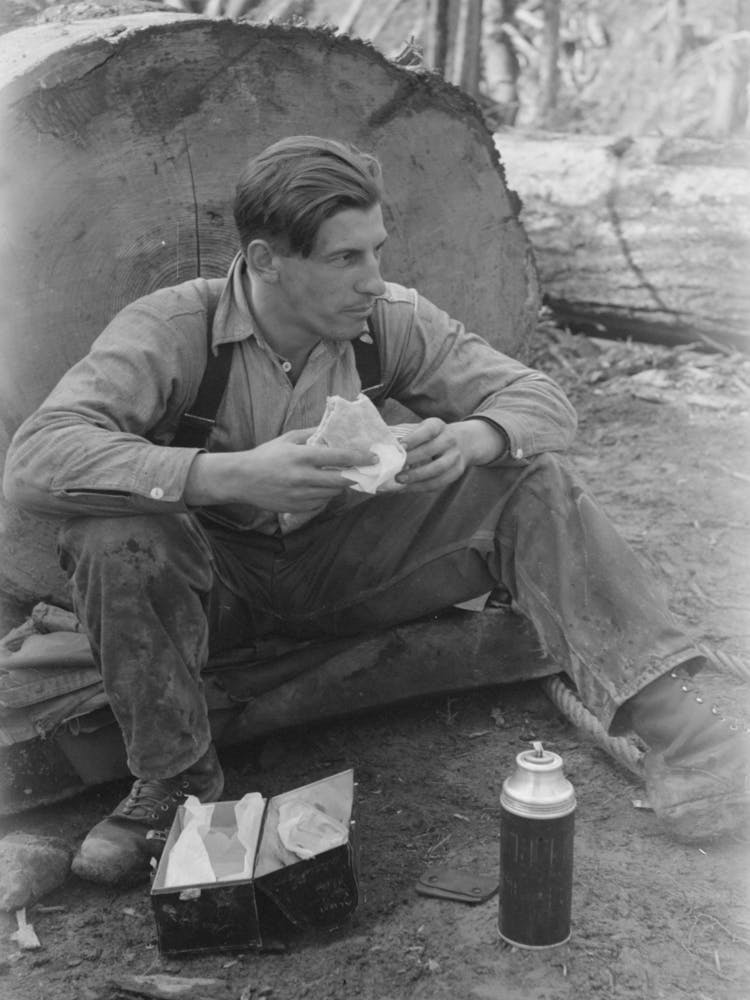 Lumberjack Eats Lunch, Long Bell Lumber Company, Cowlitz County, Washington By Russell Lee 1