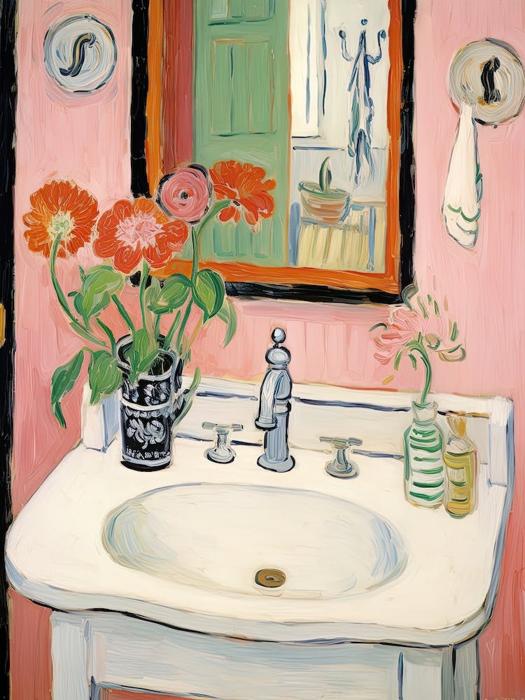 Bathroom Vanity Painting With A Zinnia Bouquet 2