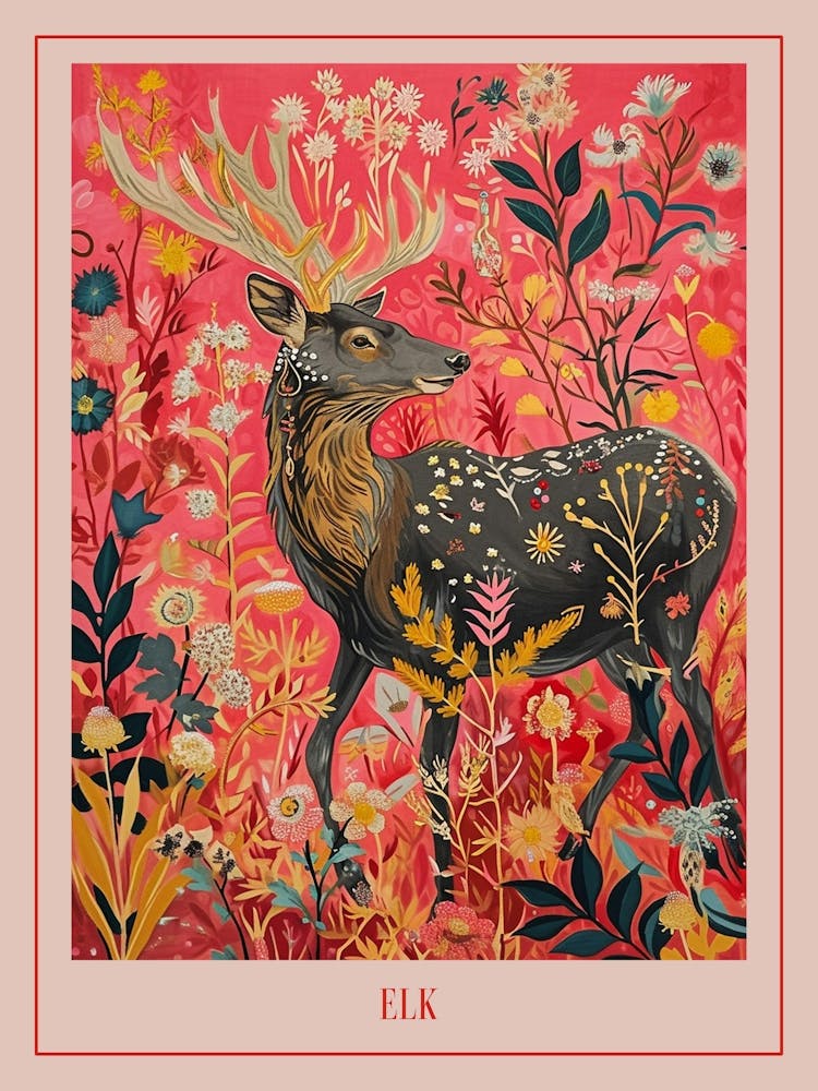 Floral Animal Painting Elk 1 Poster
